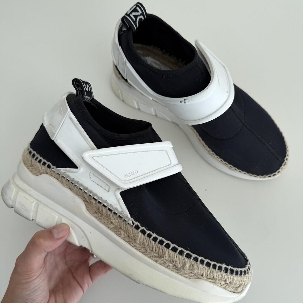 Kenzo Espadrille Sneakers Womens 8.5 EU 39 Black White Platform Rope Slip On